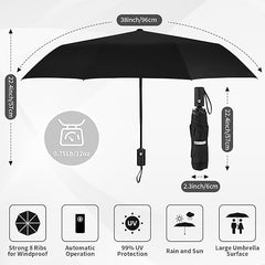 Windproof Travel Umbrella, Automatic Umbrellas for Rain, Portable & Compact Umbrella for Backpack, Sun Umbrella for Walking, Folding Small Umbrella for Car, Lightweight Strong UV Protection