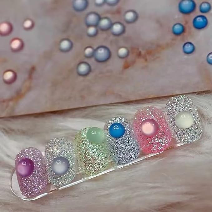 6 Boxes New Nail Art Pearls Gradient Flat Bottom Half Round Pearl Mermaid Bubble Beads Mixed Size 2/4/6/8/10/12mm Jelly Flat Bottom Pearls DIY Nail Art Decoration Materials (6 Colors)