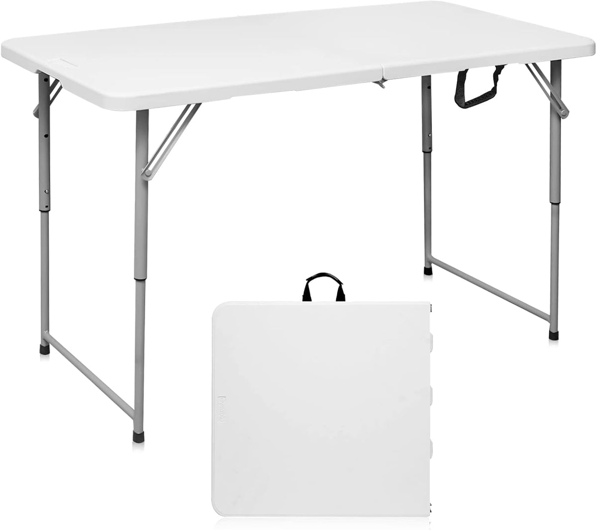 Folding Table 4 Foot Portable Heavy Duty Plastic Fold-in-Half Utility Table Small Indoor Outdoor Adjustable Height Folding Table with Carrying Handle, Camping and Party,White