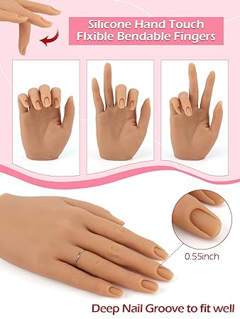 LIONVISON Mano de práctica para uñas acrílicas, práctica de manos de uñas de silicona, dedos flexibles, mano de entrenamiento falsa, manos de maniquí falsas para práctica de uñas, kit de modelo de mano para suministros de uñas, manicura principiantes 