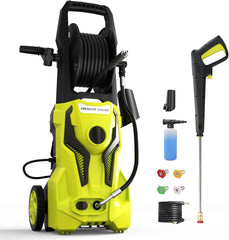 Electric Pressure Washer - 4800 PSI 3.2 GPM Power Washer Electric Powered with 25 FT Hose Reel 4 Interchangeable Nozzle & Foam Cannon, for Cars, Patios, Yellow