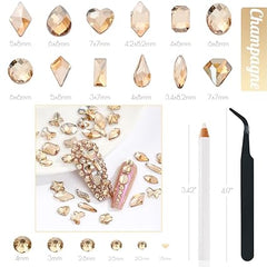 1300Pcs Champagne Gold Nail Art Rhinestones Kit 60 Multi Shapes Crystal Flatback golden Rhinestones Gems +1240 Round Beads Glass Stones Diamonds jewels w Tweezer & Wax Pen for Faces Eyes Makeup Crafts