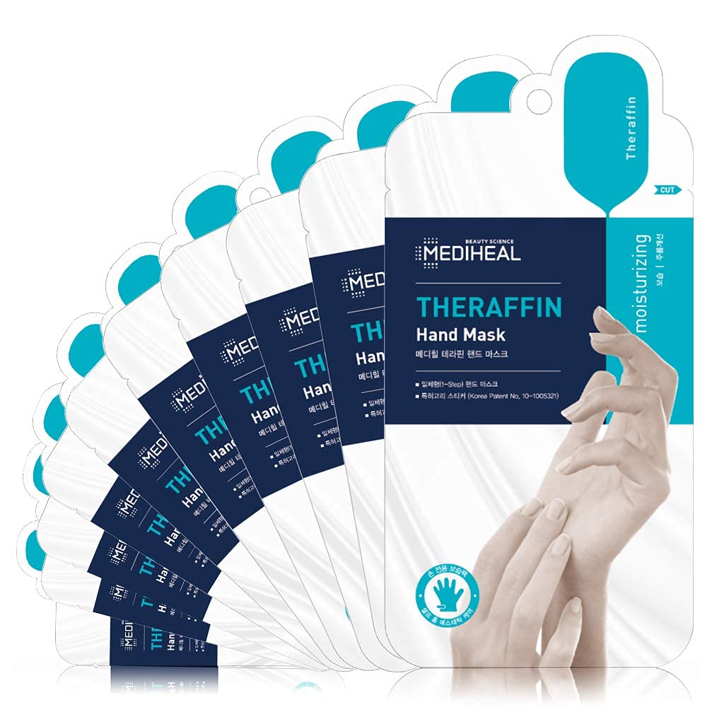 Mediheal Theraffin Hand Mask 10 pares, guante exfoliante con manteca de karité, aceite de argán y ceramida, guantes exfoliantes profundos para reparación de manos agrietadas e hidratación instantánea 