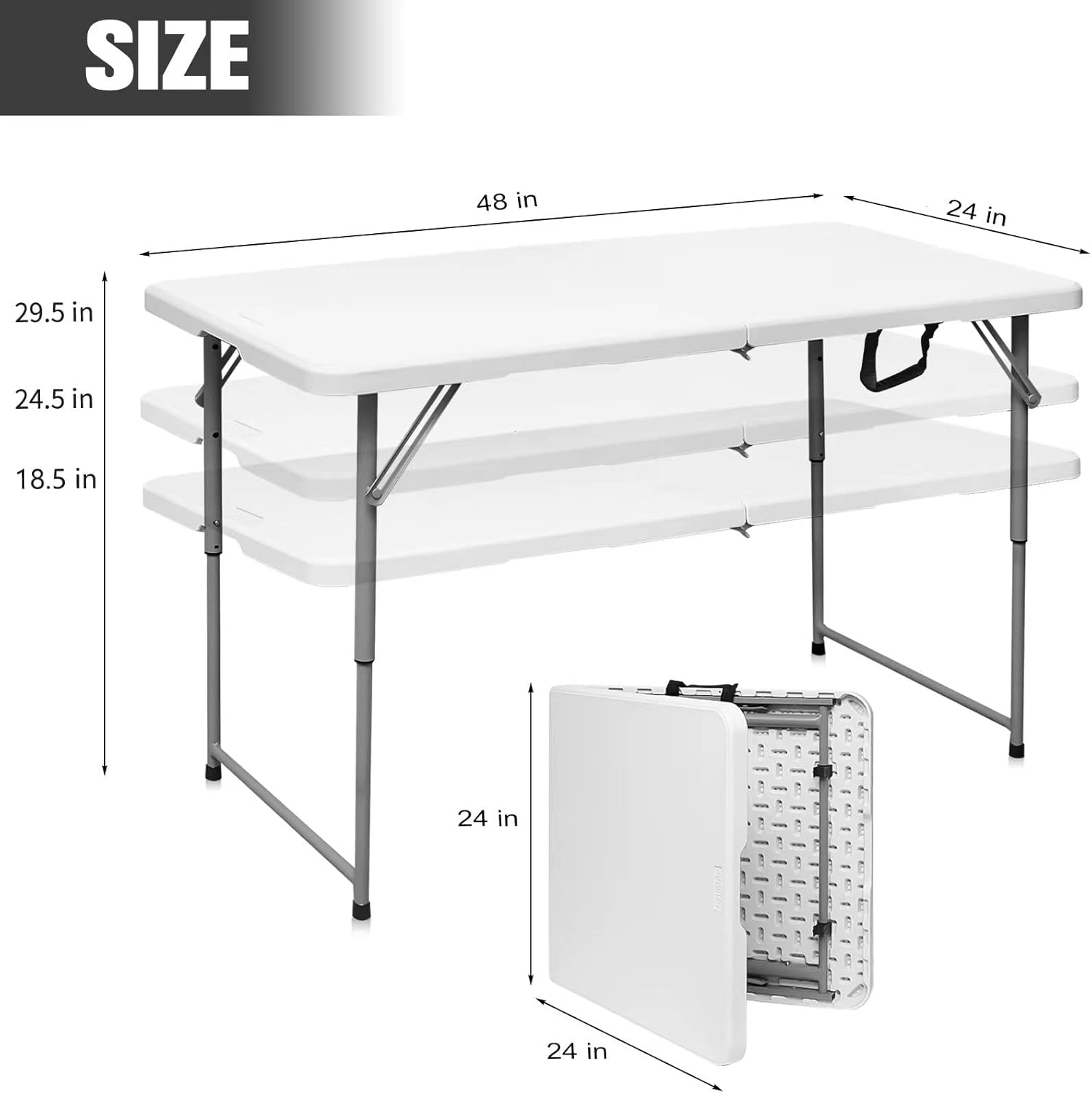 Folding Table 4 Foot Portable Heavy Duty Plastic Fold-in-Half Utility Table Small Indoor Outdoor Adjustable Height Folding Table with Carrying Handle, Camping and Party,White