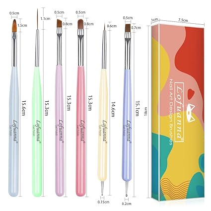 Nail Art Brushes Set Lofuanna 6Pcs Nail Tips Art Design Tools with Poly Extension Gel Brush, Nail Polish Brush, Carved Brush, Art Liner Brush and Dotting Pen, Acrylic Nail Brushes, Painting Drawing