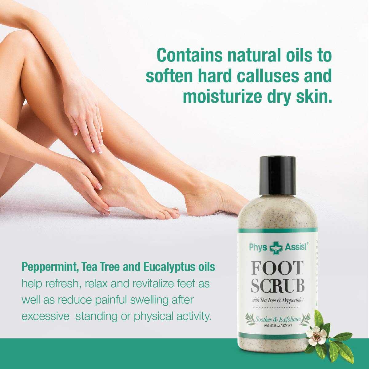 Exfoliante para pies PhysAssist 8 oz. con árbol de té y menta, calma y exfolia, promoviendo una sensación de enfriamiento profundo, dejando los pies tranquilos y frescos.