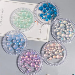 6 Boxes New Nail Art Pearls Gradient Flat Bottom Half Round Pearl Mermaid Bubble Beads Mixed Size 2/4/6/8/10/12mm Jelly Flat Bottom Pearls DIY Nail Art Decoration Materials (6 Colors)