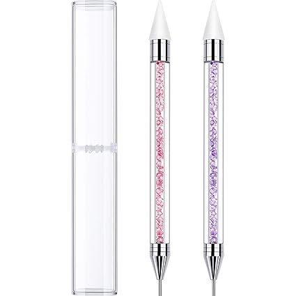 2 Pieces Rhinestone Picker Dotting Pen, Dual-ended Rhinestone Gems Crystals Studs Picker Wax Pencil Pen Crystal Beads Handle Manicure Nail Art DIY Decoration Tool (Pink Purple)