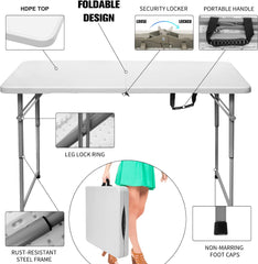 Folding Table 4 Foot Portable Heavy Duty Plastic Fold-in-Half Utility Table Small Indoor Outdoor Adjustable Height Folding Table with Carrying Handle, Camping and Party,White