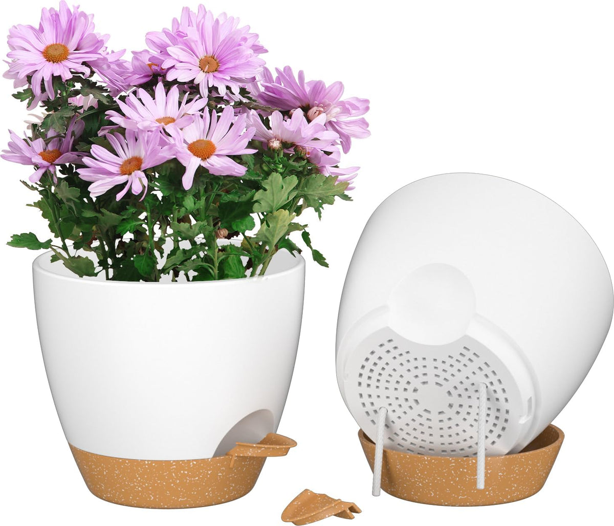 8 Inch Plant Pots Set of 2 Planters for Indoor Plants Self Watering Pots Flower Pots with Drainage Holes and Saucer for Outdoor Plants(White with Brown)