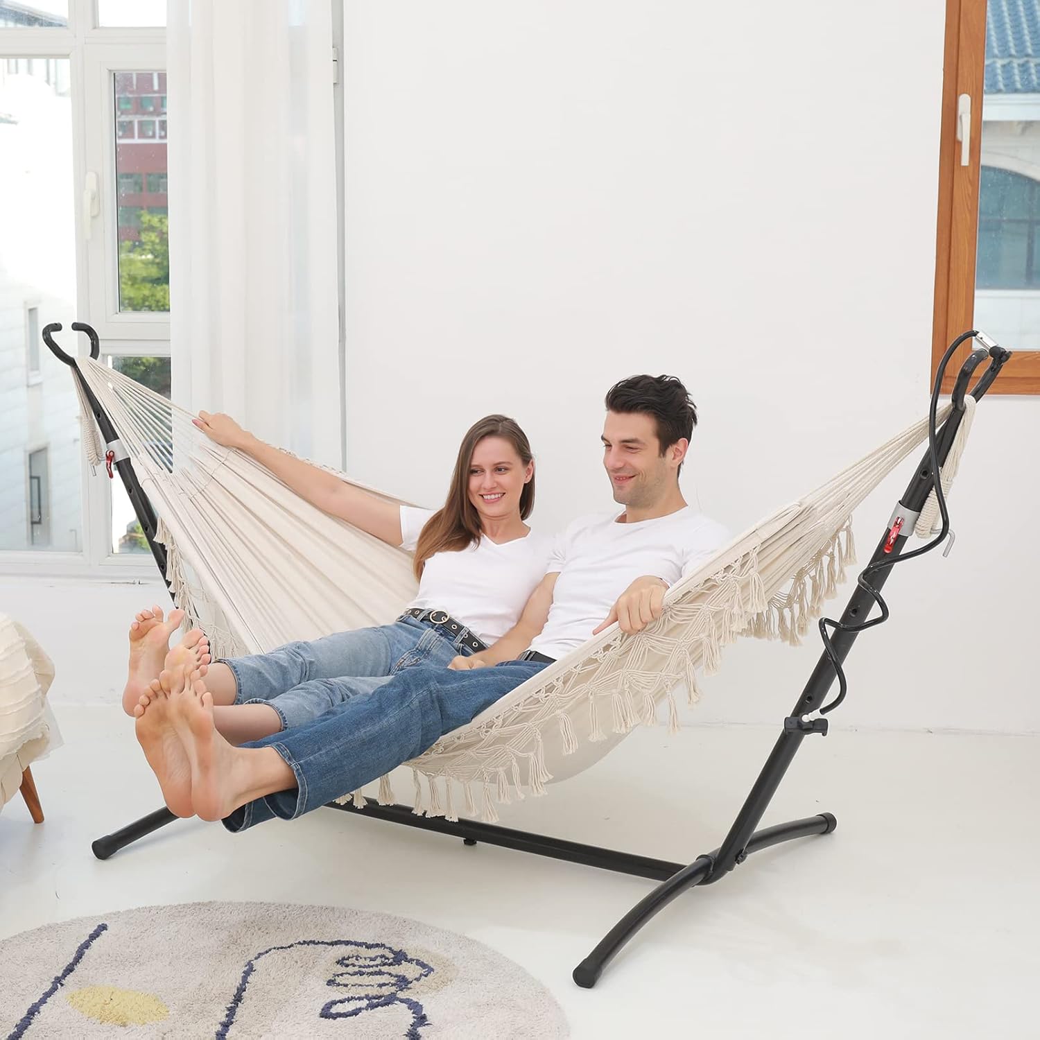 Hammock Hanging Swing Double Max 500lbs Macrame for Indoor Outdoor Patio Yard Garden (Beige)