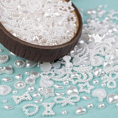 600Pcs 3D Multi Shapes Nail Charms and Flatback Pearls, White Mix Styles Heart Star Bow Sunflower Embellishments for Nail Art, Craft and Decoration with Tweezer and Pickup Pencil