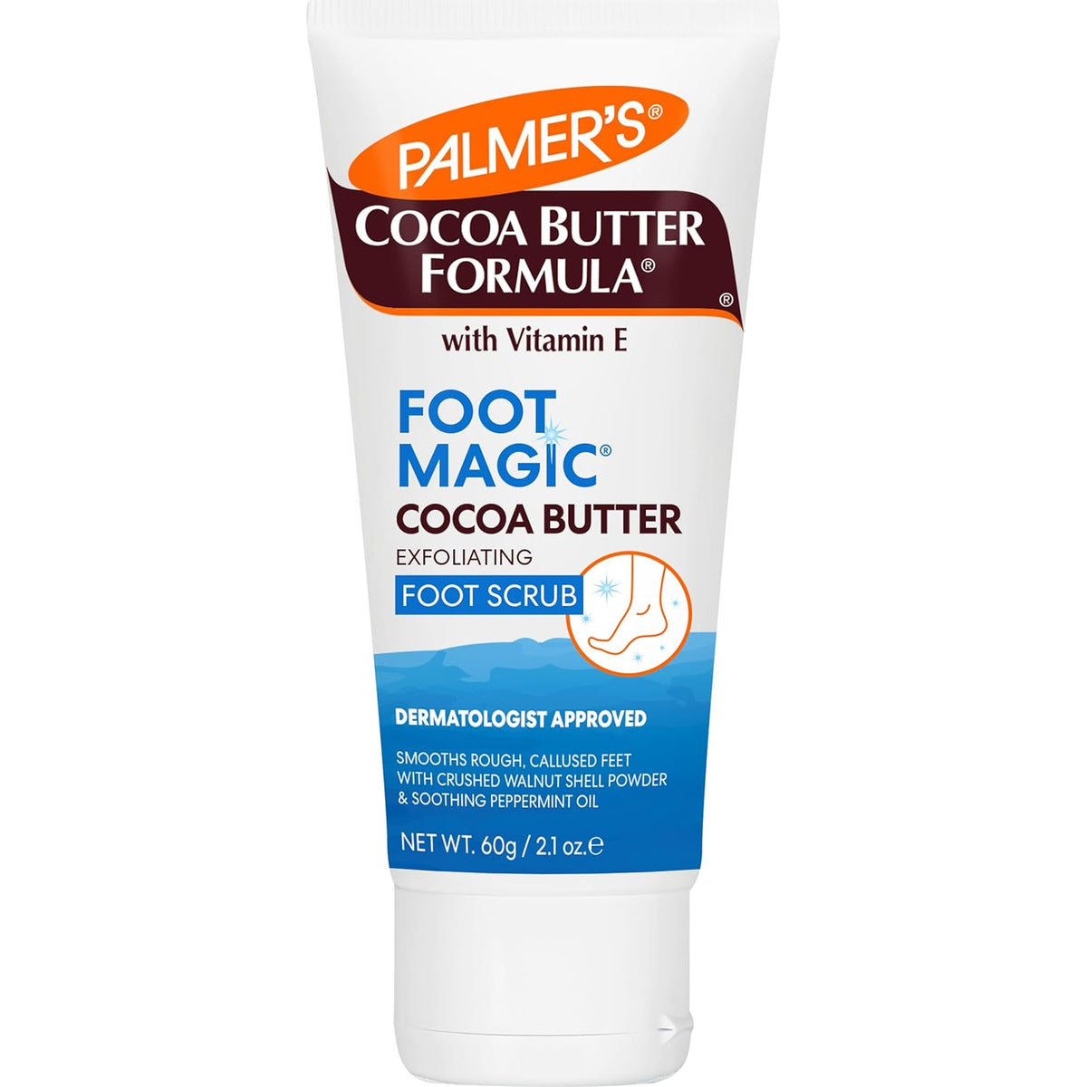 Palmer's Cocoa Butter Formula Foot Magic exfoliante para pies con vitamina E, uso con depurador de pies para pedicura, para pies secos y agrietados, 2.1 onzas