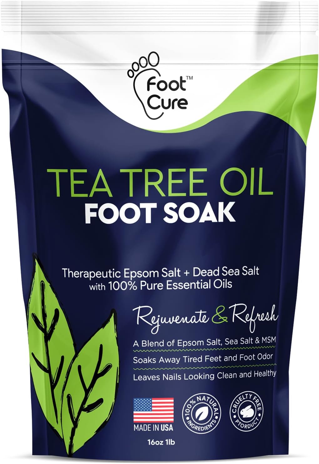 Tea Tree Oil Foot Soak with Epsom Salt - For Toenail Repair, Athletes Foot, Softens Calluses, Soothes Sore & Tired Feet, Nail Discoloration, odor Scent, Spa Pedicure Care - Made in USA 16 oz