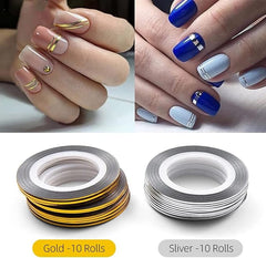 20 Stück Glitzer-Gold-Silber-Nagelkunst-Streifenband, Linie, glänzend, matt, Nagelkunst-Dekorationsstreifen, selbstklebende Aufkleberstreifen, DIY-Nagel-3D-Spitzen, Maniküre-Werkzeug, Rollen (1 mm) 