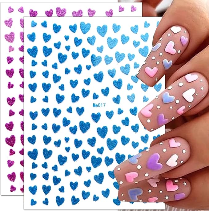 10 Sheets Heart Nail Stickers Glitter Shiny Love Nail Decals 3D Self Adhesive Nail Art Stickers Glitter Powder Effect Valentine's Day Hearts Designs DIY Valentines Manicure Decorations Accessories