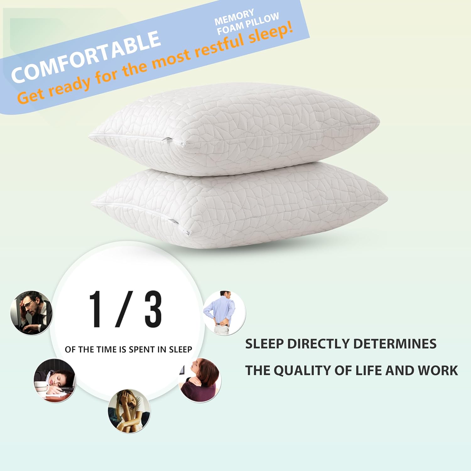 Shredded Memory Foam Pillows - Queen Size Set of 2,Adjustable Bed Pillows for Side Back Stomach Sleepers,Comfy Cooling Pillows for Sleeping with Washable Cover