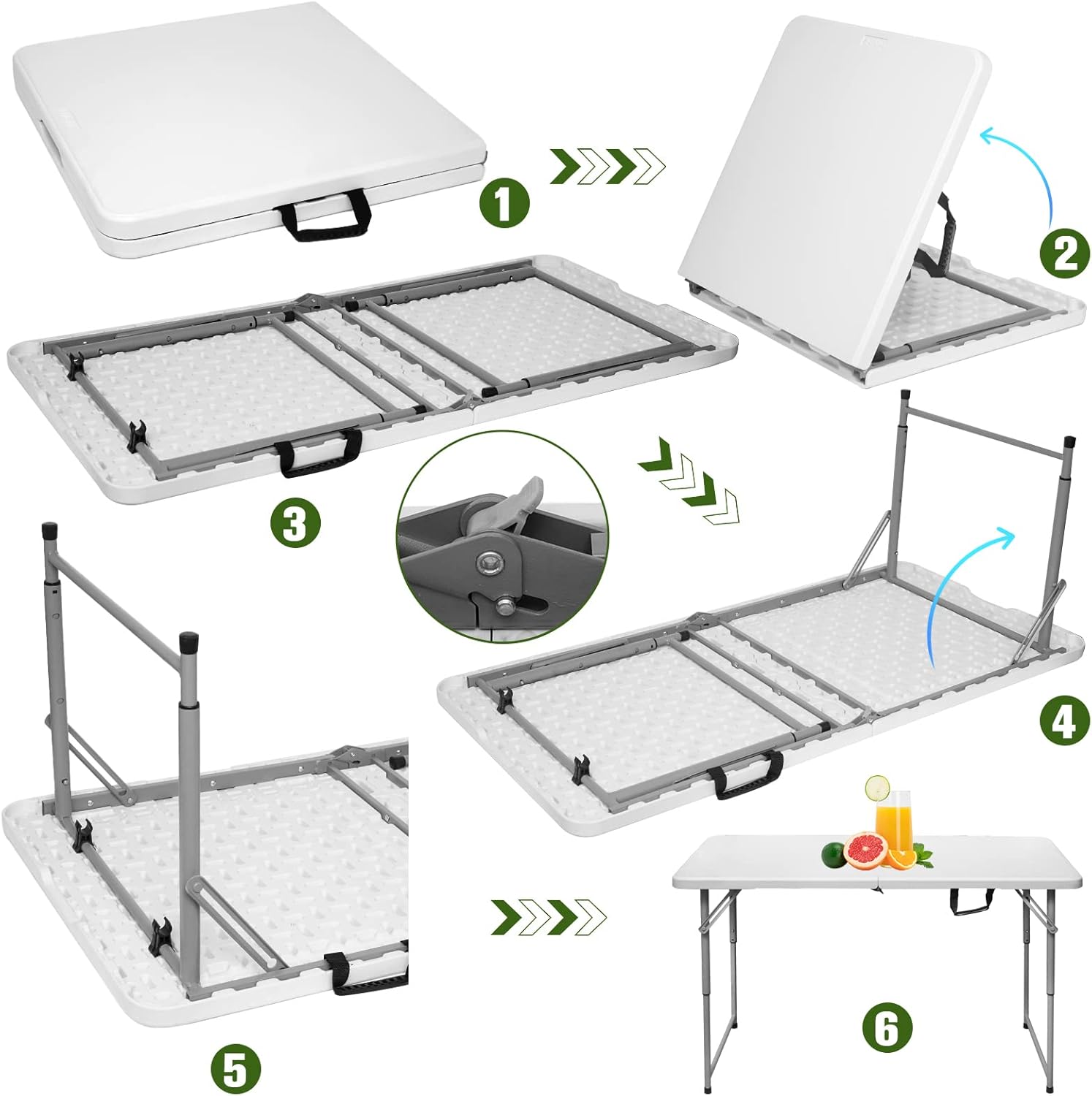 Folding Table 4 Foot Portable Heavy Duty Plastic Fold-in-Half Utility Table Small Indoor Outdoor Adjustable Height Folding Table with Carrying Handle, Camping and Party,White