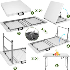 Folding Table 4 Foot Portable Heavy Duty Plastic Fold-in-Half Utility Table Small Indoor Outdoor Adjustable Height Folding Table with Carrying Handle, Camping and Party,White