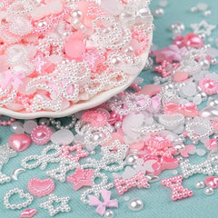 1200Pcs 3D Multi Shapes Nail Charms and Flatback Pearls, White&Pink Mix Styles Heart Star Bow Sunflower Embellishments for Nail Art, Craft and Decoration with Tweezer and Pickup Pencil