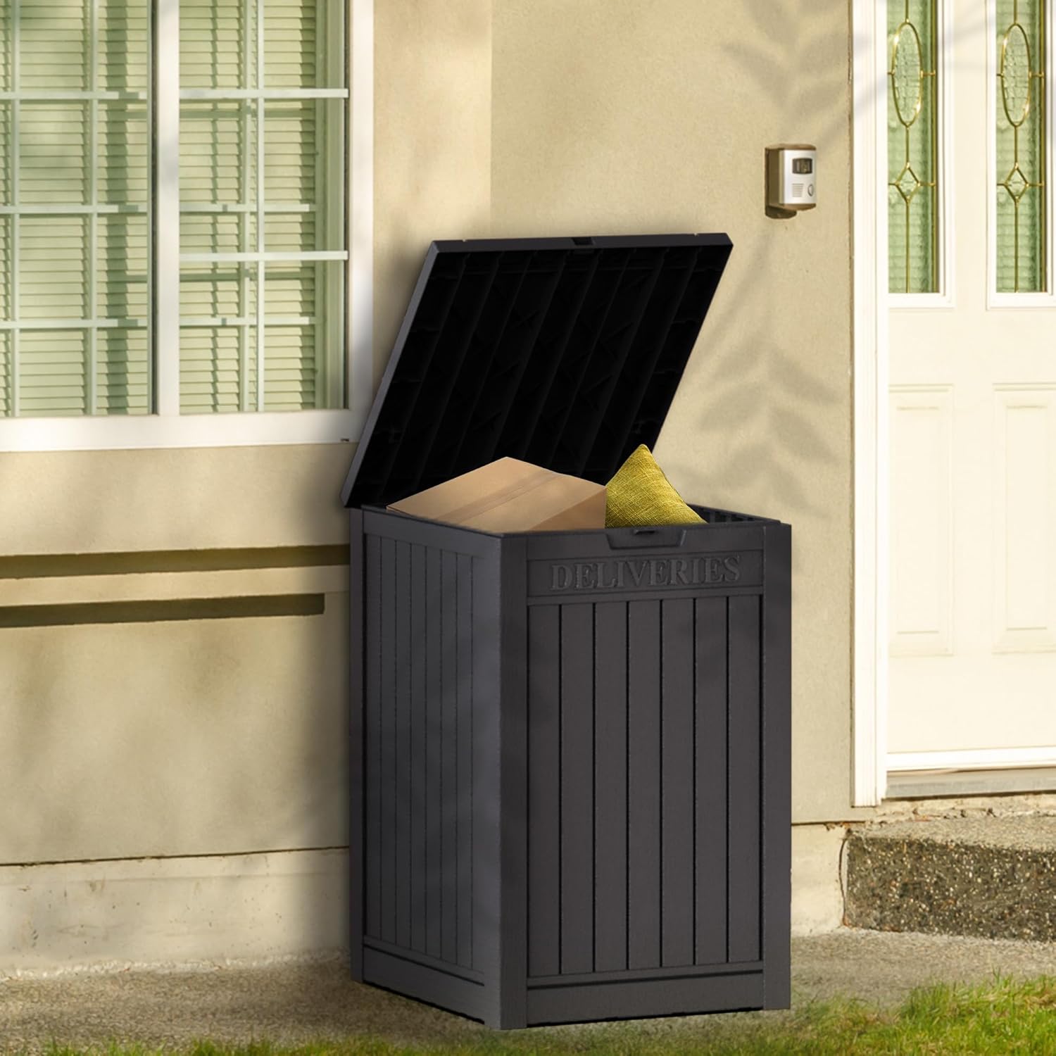 Gallon Package Delivery Box, Large Lockable Storage Box, Double-Wall Resin Outdoor Package Delivery and Waterproof Deck Box for Porch, Patios (Black)