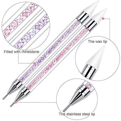 2 Pieces Rhinestone Picker Dotting Pen, Dual-ended Rhinestone Gems Crystals Studs Picker Wax Pencil Pen Crystal Beads Handle Manicure Nail Art DIY Decoration Tool (Pink Purple)