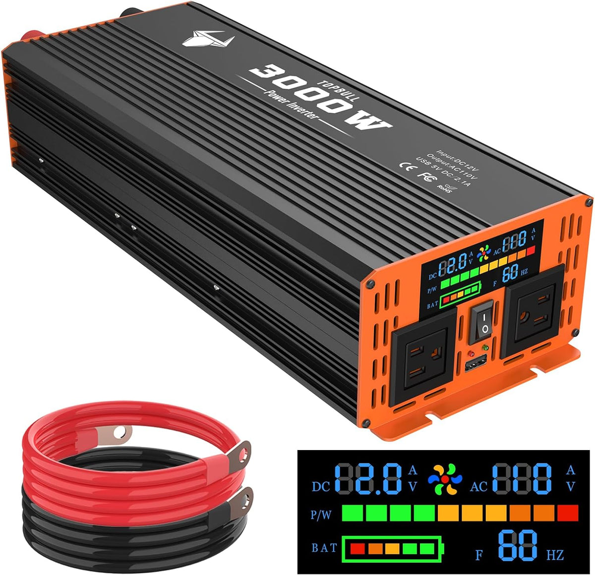 3000 Watt Power Inverter, Car/Outdoor 12V DC to 110V AC Converter, with LED Display, Dual AC Outlets, USB Port, Dual Smart Fans, Cables Included, Suitable for RV,Truck Off-Grid Solar Power Inverter