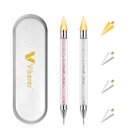 Vikerer 2 Pack Rhinestone Picker, Diamond Painting Dotting Pen Dual-end Rhinestones Pickup Tool for Nail Gems Flatback Swarovski Crystal Nail Art DIY Decoration Tool with 2 Extra Tips