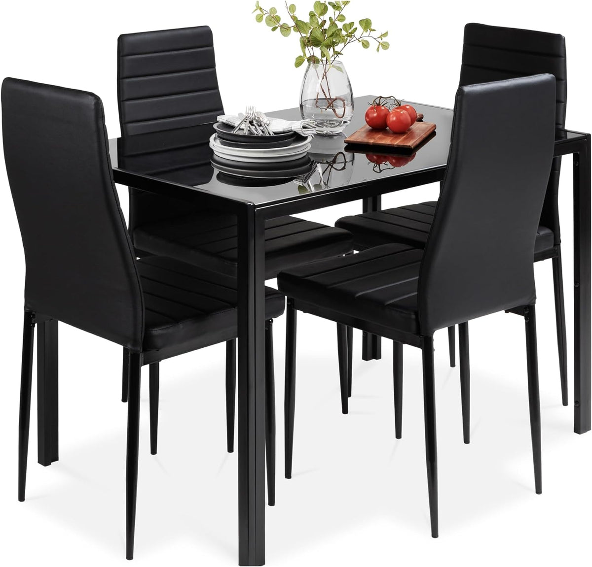 5-Piece Glass Dining Set, Modern Kitchen Table Furniture for Dining Room, Dinette, Compact Space-Saving w/Glass Tabletop, 4 Upholstered PU Chairs, Metal Steel Frame - Black