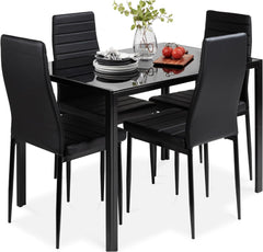 5-Piece Glass Dining Set, Modern Kitchen Table Furniture for Dining Room, Dinette, Compact Space-Saving w/Glass Tabletop, 4 Upholstered PU Chairs, Metal Steel Frame - Black