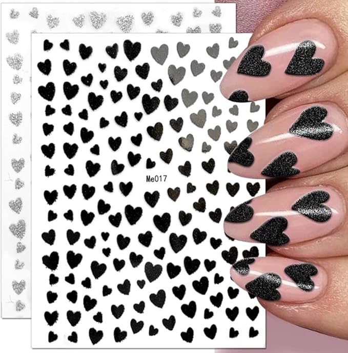 10 Sheets Heart Nail Stickers Glitter Shiny Love Nail Decals 3D Self Adhesive Nail Art Stickers Glitter Powder Effect Valentine's Day Hearts Designs DIY Valentines Manicure Decorations Accessories