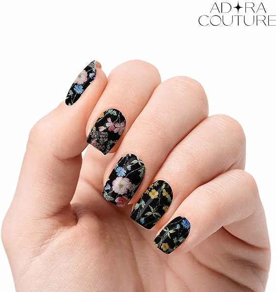 Adora Couture halbgehärtete Gel-Nagelstreifen | 20 Stück glitzernde samtfarbene bunte Blumen schwarz glitzernde Glasur-Nagelstreifen | Gel-Nagelaufkleber mit UV-Licht erforderlich (Nachtgarten)