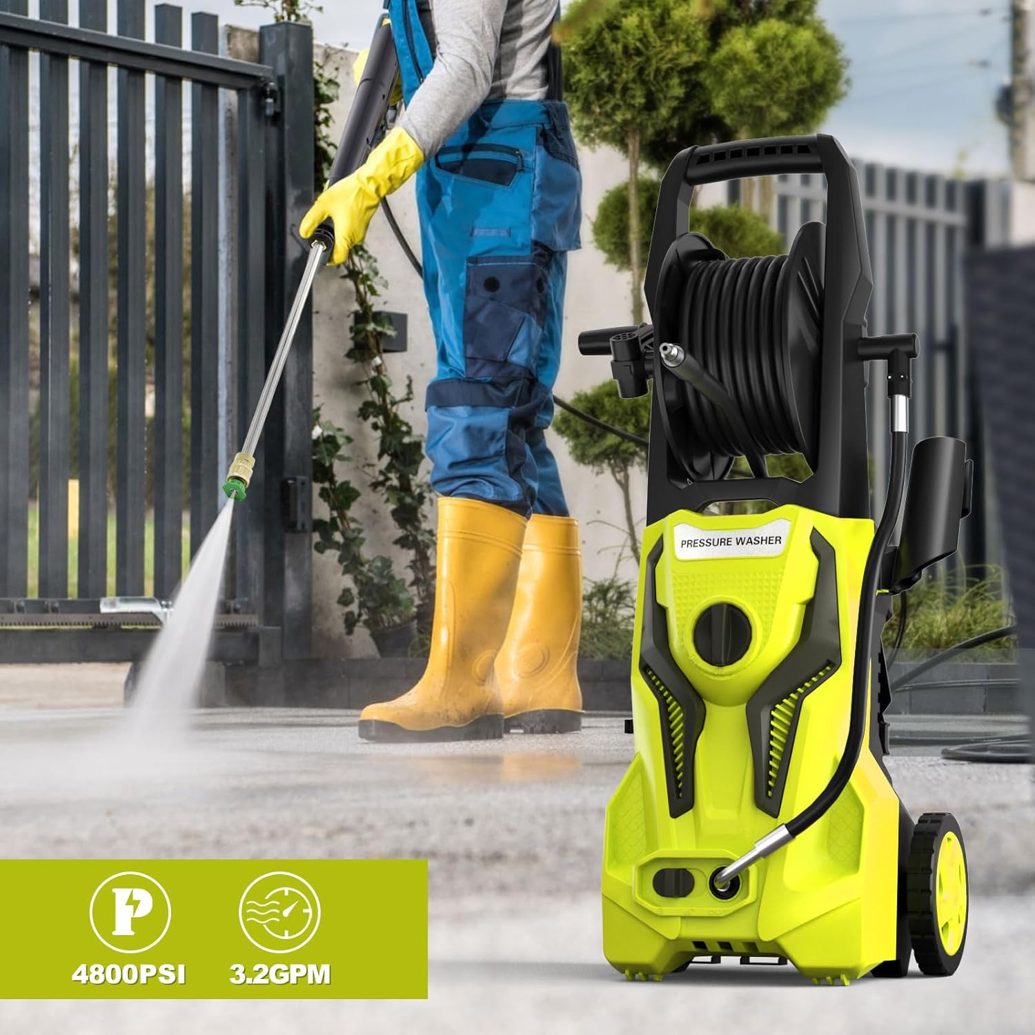 Electric Pressure Washer - 4800 PSI 3.2 GPM Power Washer Electric Powered with 25 FT Hose Reel 4 Interchangeable Nozzle & Foam Cannon, for Cars, Patios, Yellow