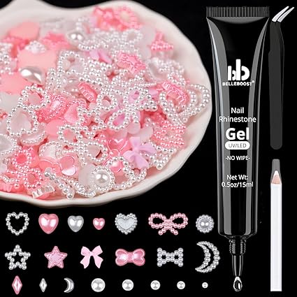 1200 abalorios de uñas 3D de múltiples formas y perlas planas, estilos mixtos de color blanco y rosa, adornos de girasol con lazo de estrella y corazón para arte de uñas, manualidades y decoración con gel de pegamento, pinzas y lápiz de recogida 