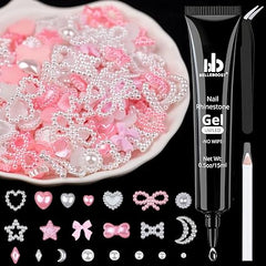 1200Pcs 3D Multi Shapes Nail Charms and Flatback Pearls, White&Pink Mix styles Heart Star Bow Sunflower Embellishments for Nail Art, Craft and Decoration with Glue Gel, Tweezer and Pickup Pencil