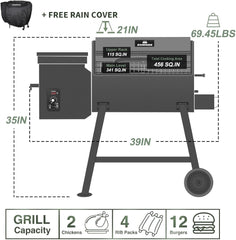 Wood Pellet Grill & Smoker 8-in-1 Pellet Grill with Automatic Temperature Control, & Rain Cover 456 Sq. in Area for Backyard Camping Outdoor