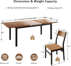 7-Piece Dining Table Set with 6 Chairs, 63" Extendable Kitchen Table & Chairs Set for 4-6, Dining Room Table with Metal Frame & MDF Board, Perfect for Small Space, Easy Clean, Walnut