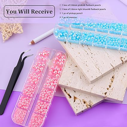 2 Boxes Flat Back AB Pearls Kit 16 Flatback Pink&Light Blue AB Half Round Pearls 2-8mm with Pickup Pencil and Tweezer for Home DIY and Face Makeup and Craft