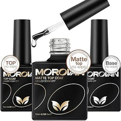 Morovan Gel Base Top Coat: Juego de 3 piezas de capa superior y base mate con brillo de gel que no se limpia, lámpara de uñas Soak Off, capa superior de larga duración, esmalte de uñas y capa base de gel para mujeres, salón de bricolaje 