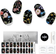 Adora Couture Tiras de uñas de gel semicuradas | 20 piezas de terciopelo con purpurina, flores coloridas, tiras de uñas con purpurina negra | Pegatinas de uñas de gel con luz ultravioleta requerida (jardín nocturno)