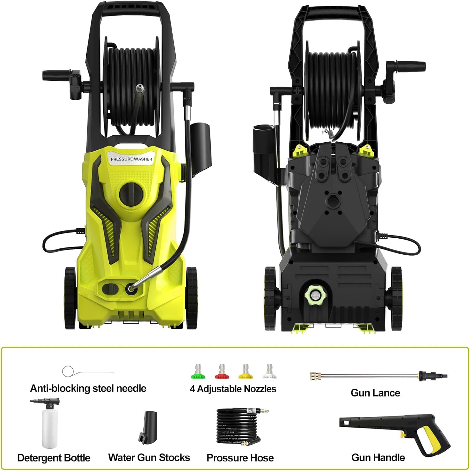 Electric Pressure Washer - 4800 PSI 3.2 GPM Power Washer Electric Powered with 25 FT Hose Reel 4 Interchangeable Nozzle & Foam Cannon, for Cars, Patios, Yellow