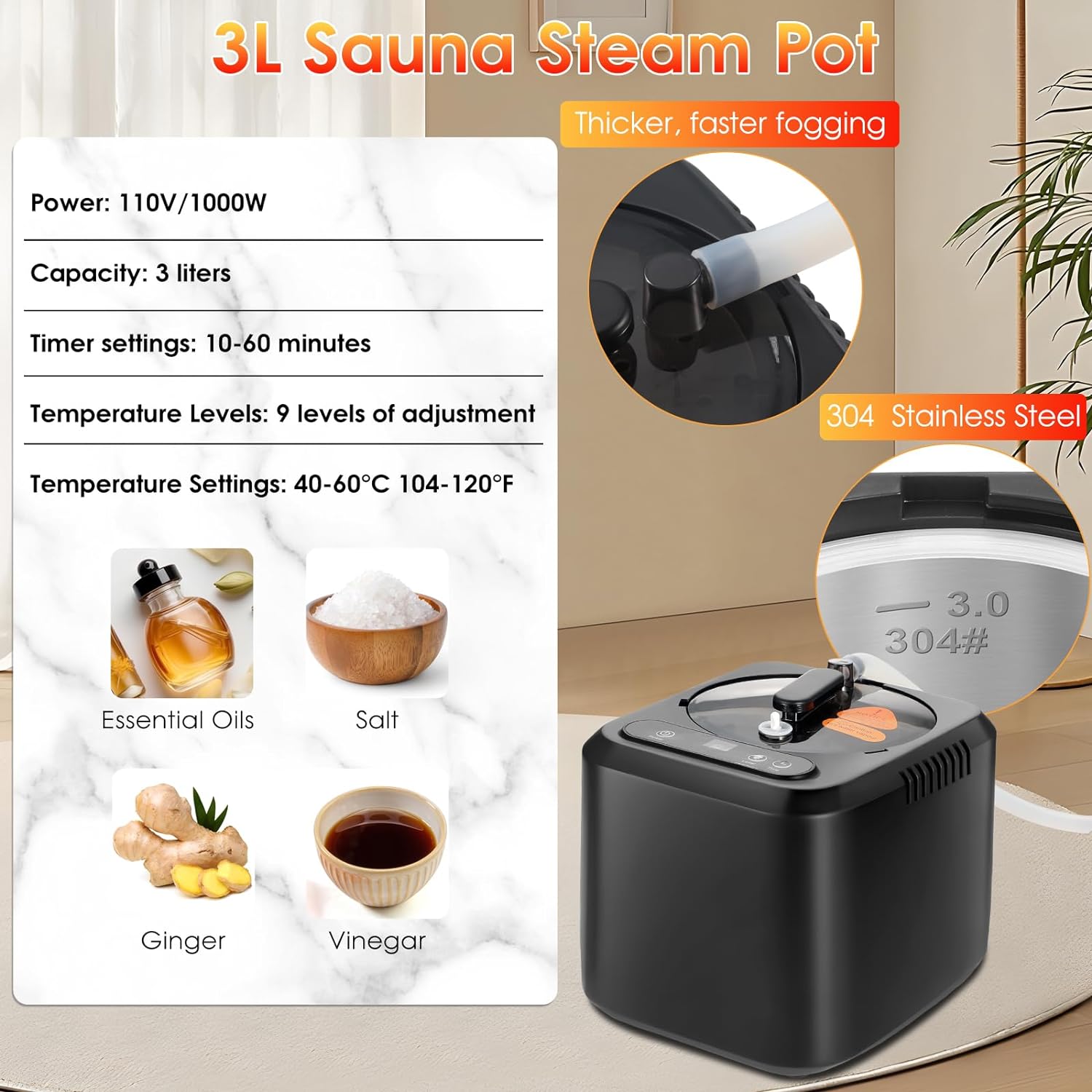 Upgraded Sauna, Portable Sauna Box, Portable Sauna for Home, Steam Sauna with 3L 1000W Steamer, Remote Control, Folding Chair, Home Sauna Tent for Gym Yoga, Pilates (Black with Orange)