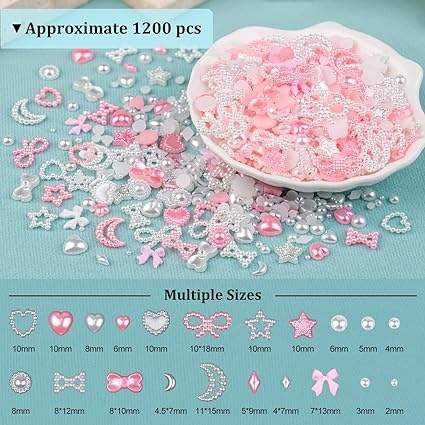 1200Pcs 3D Multi Shapes Nail Charms and Flatback Pearls, White&Pink Mix styles Heart Star Bow Sunflower Embellishments for Nail Art, Craft and Decoration with Glue Gel, Tweezer and Pickup Pencil