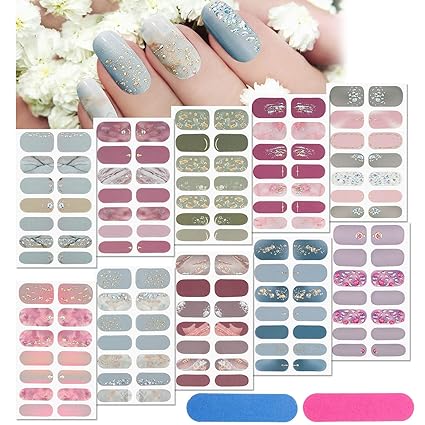 140 Pcs 10 Sheets Full Wrap Nail Stickers Nail Polish Strips Gradient Stickers Glitter Self Adhesive DIY Art Decals Strips with 2 Pcs Nail Files for Holiday Nail Decor (Classic Style)