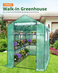 Upgraded 7 x 4.7 x 6.4 FT Walk-in Greenhouse for Outdoors, Thickened PE Cover & Heavy Duty Powder-Coated Steel, w/ Zippered Mesh Door & Screen Windows, 20 Sturdy Shelves for Garden, Green