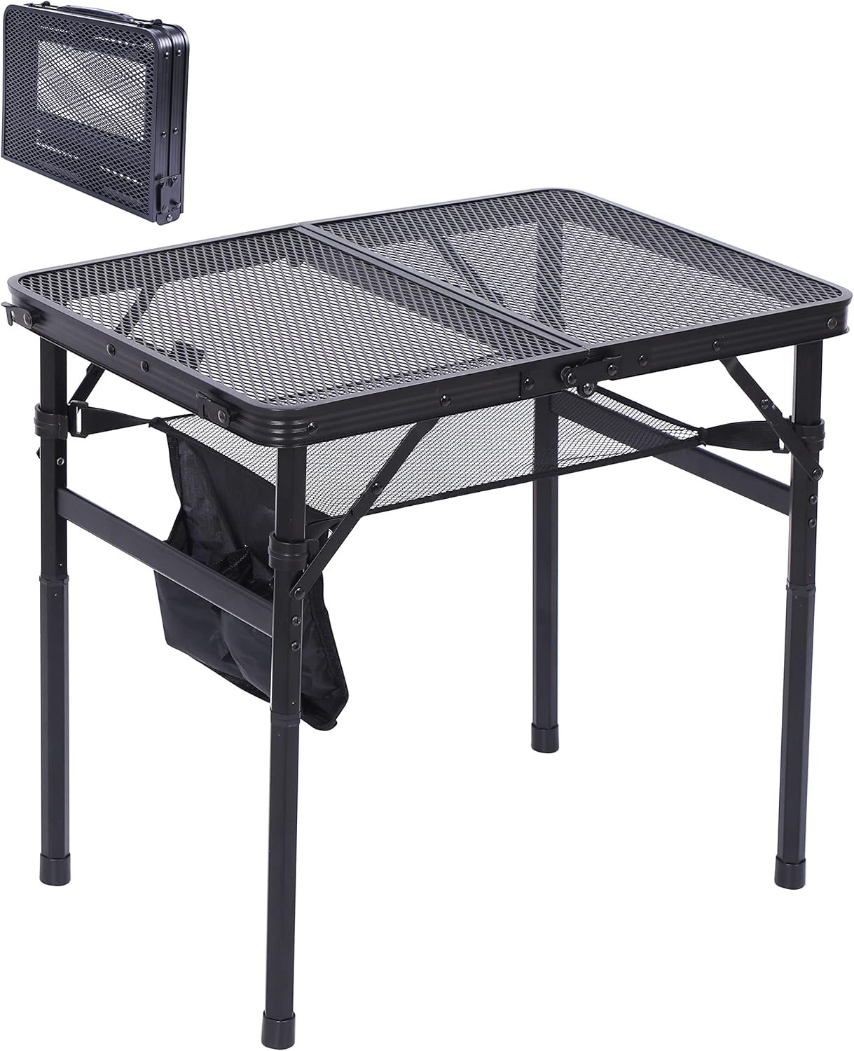 Table for Grill, Outdoor Table, Camping Table, Outdoor Cooking Table, Picnic Tables, Card Table Adjustable Height, Mesh Bag, Carry Handle (47.3” x 23.7“ x 14.7”/24.2“ Black)