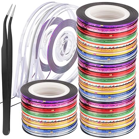 Fandamei 128 rollos de cinta adhesiva para rayas de uñas, 128 cintas adhesivas para líneas de rayas + 2 dispensadores de rodillos de cinta para uñas + 1 pinza para decoración de uñas. Etiqueta engomada de la decoración del arte del clavo Punta de uñas DIY 