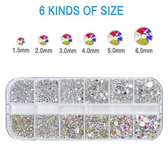 Nail Art Rhinestones Kit HUETFAT 2400pcs Nail Gems Ab Flatback Rhinestones Gems Stones, with Storage Organizer Box/Wax Pencil/Tweezers 6 Sizes (1.5-4.5 mm) for Nail Art Craft (2400pcs)