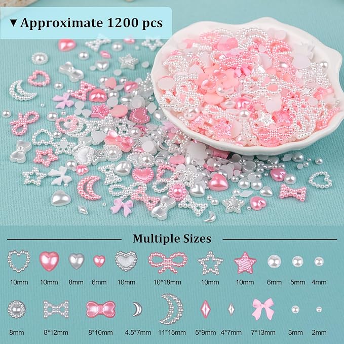 1200Pcs 3D Multi Shapes Nail Charms and Flatback Pearls, White&Pink Mix Styles Heart Star Bow Sunflower Embellishments for Nail Art, Craft and Decoration with Tweezer and Pickup Pencil