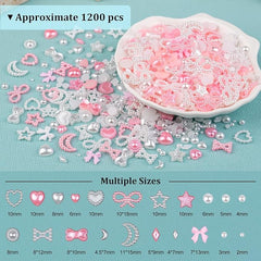 1200 abalorios de uñas 3D de múltiples formas y perlas planas, estilos mixtos de color blanco y rosa, adornos de girasol con lazo de estrella y corazón para arte de uñas, manualidades y decoración con pinza y lápiz de recogida 